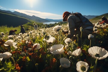 Men harvesting opium poppy field in summer - obrazy, fototapety, plakaty