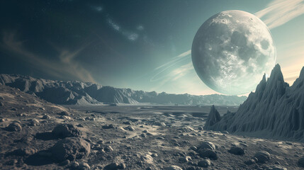 Extraterrestrial Lunar Landscape with Majestic Planet in Sky - Sci-Fi Space Exploration and Cosmic...