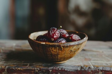 Date Night Vibes: Display Dried Dates in a Rustic Bowl with Symbolic Touch. Ramadan Mubarak