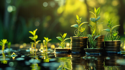Fototapeta na wymiar Growth Amidst Wealth: Illustration of Plants Flourishing on Coins, Nestled in the Tranquil Waters amidst Nature's Verdant Green