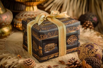 Elegant Gift Box Adorned with Golden Ribbon and Dates - Arabic Theme