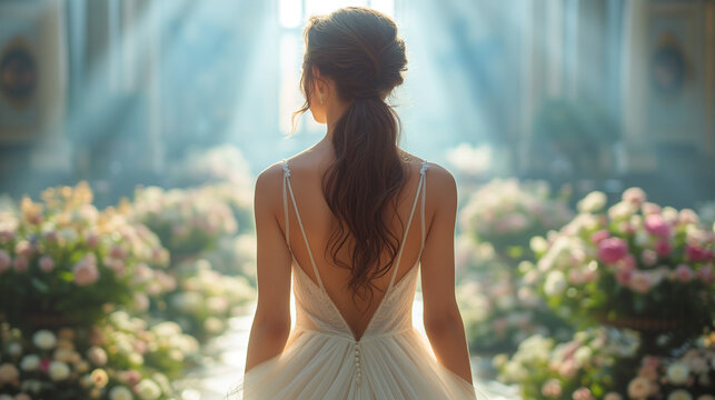Beautiful top model girl in the fashion week runway wearing white dress, Ai generated image