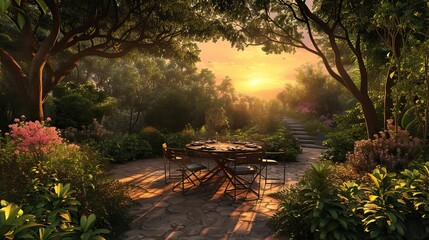 Serene outdoor dining: Sunset ambiance in a lush garden with a beautifully set table.