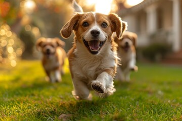 Running beagle dogs run on the green grass in summer