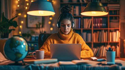 Dedicated young woman studying late at night surrounded by books, wearing headphones and a warm yellow sweater - obrazy, fototapety, plakaty