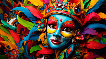 Vivid carnival mask adorned with colorful feathers and detailed artistry, capturing the exuberance of cultural festivities and global traditions of masquerade.