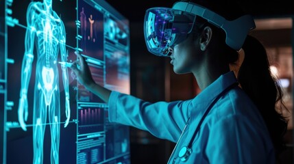 A nurse wearing a holographic headset practicing proper injection techniques on a virtual patient projected in front of her.