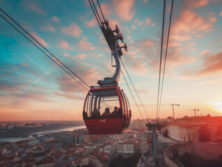 Cable car gondola against a picturesque sunset sky.
 - obrazy, fototapety, plakaty