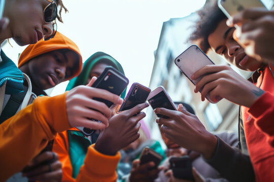 A group of young people using mobile phones together