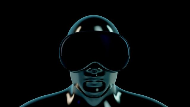 Black chromium men head in virtual reality glasses and headphones in neon light. Game or entertainment device. Futuristic technology concept art. Bright fashion 3d animation. 3D Render.