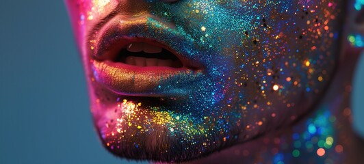 closeup man's lip with make up metallic iridescent rainbow glow, Generative Ai