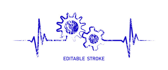 Fototapeta premium Editable lines grunge heart rhythm design with gears cogwheel, heartbeat line vector design to use in healthcare, medical business, healthy lifestyle, medicine and ekg concept illustration projects. 