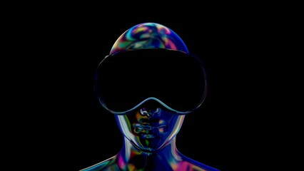 Black chromium women head in virtual reality glasses and headphones in neon light. Game or entertainment device. Futuristic technology concept art. Bright fashion 3d animation. 3D Render. - Powered by Adobe