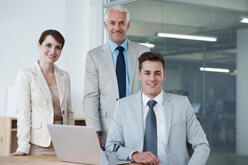 Laptop, meeting and portrait of business people in office for research on corporate legal project...