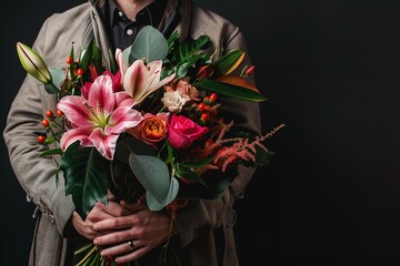 Floral Elegance: Cropped View of Man with Bouquet. Women Day