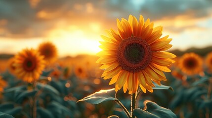 Close-up of sunflowers over the sunset sky.