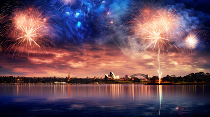 Dazzling fireworks illuminate Sydney Harbor, featuring the Opera House and Bridge, mirrored in the water at twilight, capturing a wide-angle celebration of joy and unity.