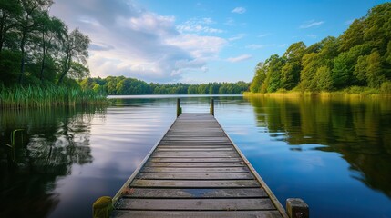 Fototapeta na wymiar Nature's embrace: A wooden jetty by the lake, adorned with lush greenery under a tranquil sky.