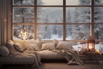Cozy moments within a snowy haven, where contemporary romanticism meets the new fauves, large windows framing joyful celebrations of nature in UHD.