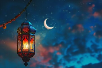 Illuminated Colorful Ramadan Lantern Against Night Sky. Ramadan Mubarak