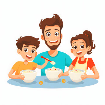 A family enjoying bowls of yogurt for breakfast isolated on white background, flat design, png
