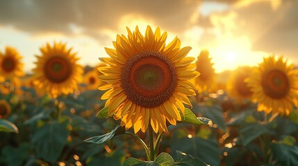 Obraz premium Close-up of sunflowers over the sunset sky.