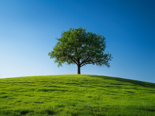 Solitary tree on a lush green hill under a clear blue sky.
