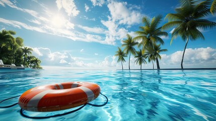 Sunny oasis: A lifebuoy floats in a glistening pool, embraced by palm trees and a cloudless sky. - obrazy, fototapety, plakaty