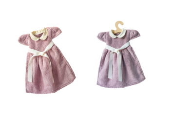 Two options with a hanger and without a hanger Girl's little dress made of terry cloth. Flat lay top view. Isolate on white. PNG available
