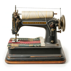A vintage sewing machine with fabric, threads, and a garment in progress isolated on white background, png
