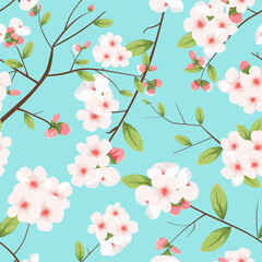 Sakura blossom in the cherry orchard  seamless pattern oriental ornament. Japanese wave Chinese Asian traditional background pattern background, wallpaper, template. 