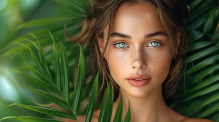 Naklejka premium Beautiful woman with beautiful skin and natural makeup with tropical leaves.