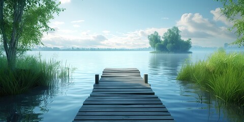 Fototapeta na wymiar Tranquil lakeside escape: Wooden jetty set amid vibrant greenery for a peaceful retreat.