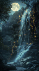 A hidden waterfalls glow under the moon fireflies weaving spells of light evoking fairytale mysteries