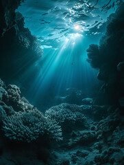 A hidden world beneath the waves where coral gardens glow softly illuminating the oceans depths