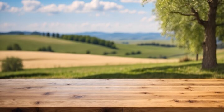 an empty wooden oak table and behind it a landscape 