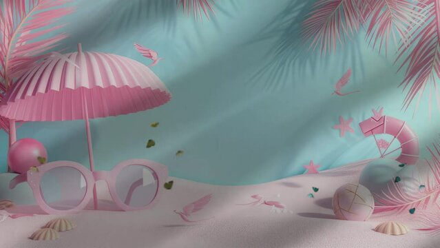 summer theme concept with glasses and umbrella background. Cartoon or anime watercolor digital painting illustration style. seamless looping 4k video animation background.