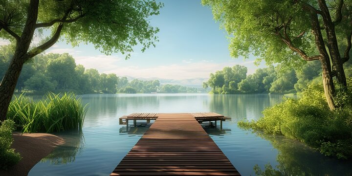 Lakeside serenity: Wooden jetty embraced by lush greenery in a scene of natural beauty.