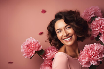 Portrait of smiling woman with pink roses in the background, mothers day concept with flowers, caucasian female celebrates holiday