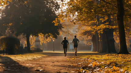 Un homme et une femme vu de dos faisant du running dans un parc - obrazy, fototapety, plakaty