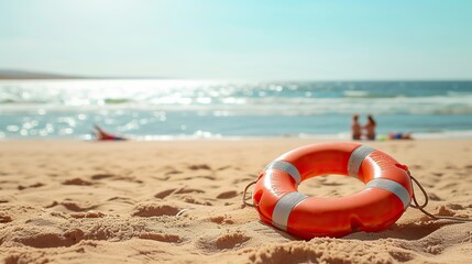Obraz premium Seaside serenity: A lifebuoy drifting on a sunlit beach, surrounded by the warmth of golden sands and soothing waves.