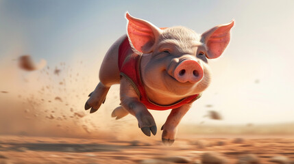 A pig in exercise clothes running with determination but showing signs of tiredness