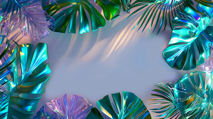 Tropical background with palm trees, iridescent plants