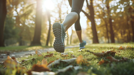 Une femme fait un footing avec ses chaussures pour courir dans un parc