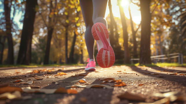Une femme court avec ses chaussures pour courir dans un parc