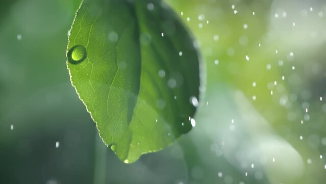 Slow motion macro shot of water droplet falling from fresh green leaf. Alternative herb skin care medicine concept. Herbal essence dropping from leaf. Organic serum drop or green tea tree oil extract