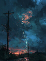 Against the backdrop of a stormy night lightning and a high voltage pole meet in a dramatic display of raw energy