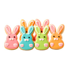 Obraz premium Decorated easter bunny cookies with white icing and colorful details isolated on a transparent background