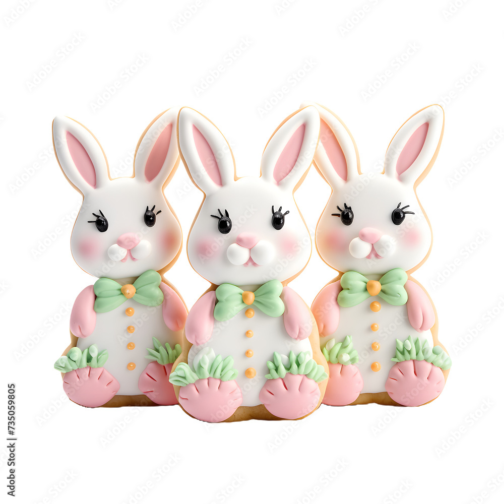 Sticker decorated easter bunny cookies with white icing and colorful details isolated on a transparent backg