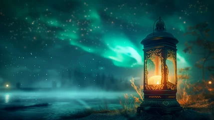 Fototapete Nordlichter Enchanted Night Landscape with Glowing Lantern and Aurora Lights - Fantasy World Concept of Magic and Adventure